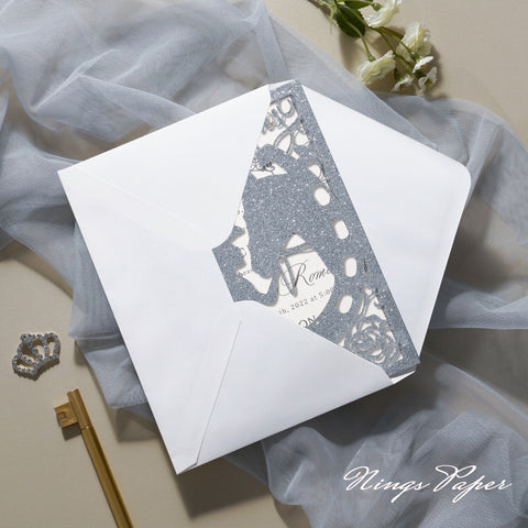 Silver Glitter Laser Cut Pocket Quinceañera Invitation Cards with Envelopes