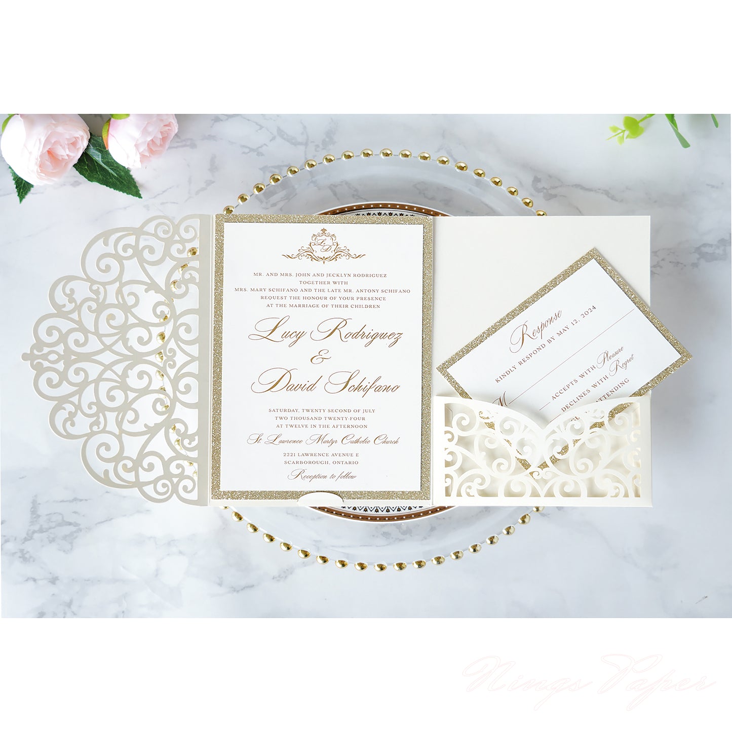 NingsPaper Ivory Triple Folded Laser Cut Wedding Invitation Pocket