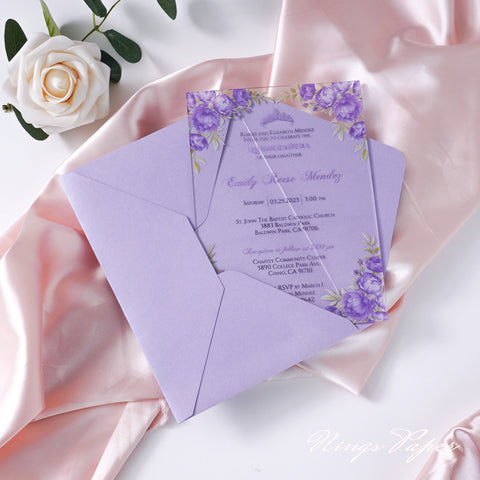 1mm/0.04" Lilac Clear Acrylic Quinceanera Invitation Cards with Envelopes