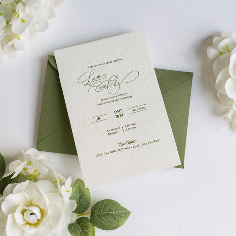 NingsPaper Olive Green Liner Envelopes with Letterpress Floral Wedding Invitation Card