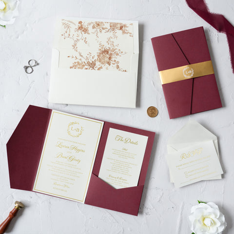 NingsPaper Trifold Foil Print in Gold Burgundy Wedding Invitation Suite