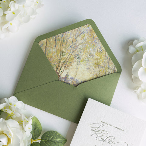NingsPaper Olive Green Liner Envelopes with Letterpress Floral Wedding Invitation Card