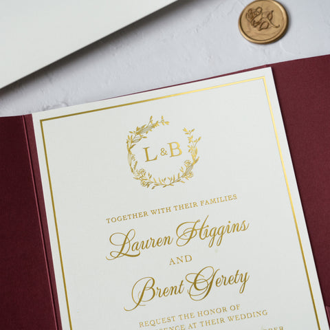 NingsPaper Trifold Foil Print in Gold Burgundy Wedding Invitation Suite