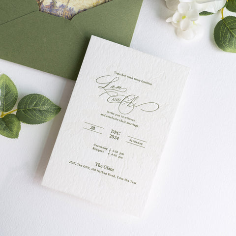 NingsPaper Olive Green Liner Envelopes with Letterpress Floral Wedding Invitation Card