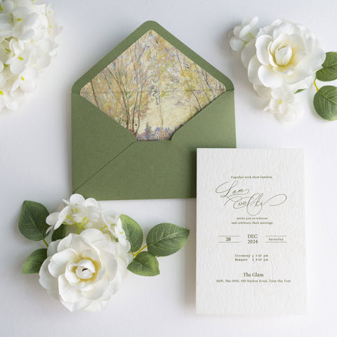 NingsPaper Olive Green Liner Envelopes with Letterpress Floral Wedding Invitation Card