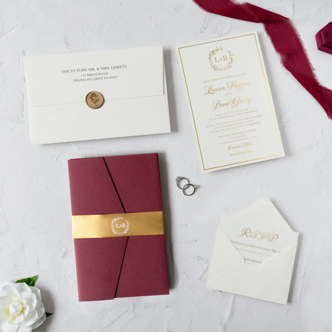 NingsPaper Trifold Foil Print in Gold Burgundy Wedding Invitation Suite