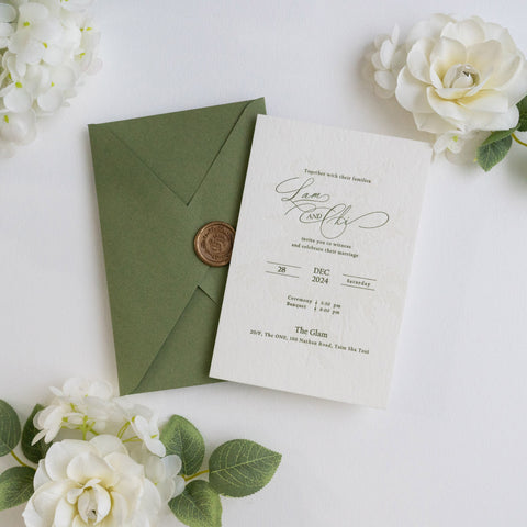 NingsPaper Olive Green Liner Envelopes with Letterpress Floral Wedding Invitation Card