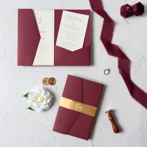 NingsPaper Trifold Foil Print in Gold Burgundy Wedding Invitation Suite