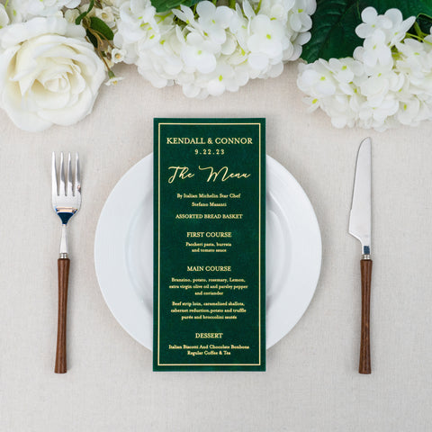 NingsPaper Emerald Green Velvet Foil Print in Gold Wedding Menu