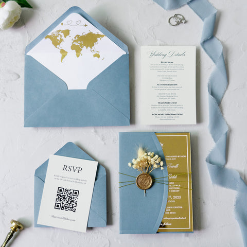 NingsPaper Gold Mirror Acrylic Dusty Blue Wedding Invitation Suite