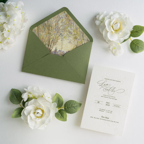 NingsPaper Olive Green Liner Envelopes with Letterpress Floral Wedding Invitation Card