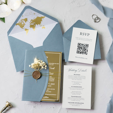 NingsPaper Gold Mirror Acrylic Dusty Blue Wedding Invitation Suite