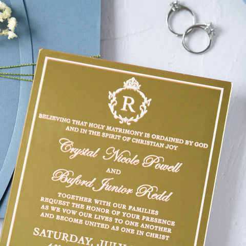 NingsPaper Gold Mirror Acrylic Dusty Blue Wedding Invitation Suite