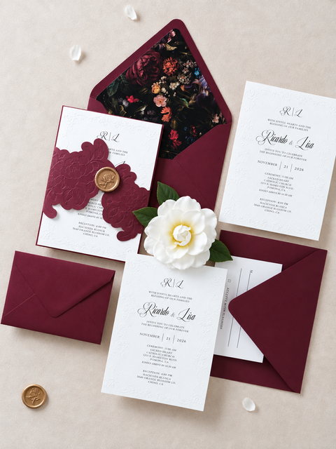 NingsPaper Burgundy Embossed Wedding Invitation Suite