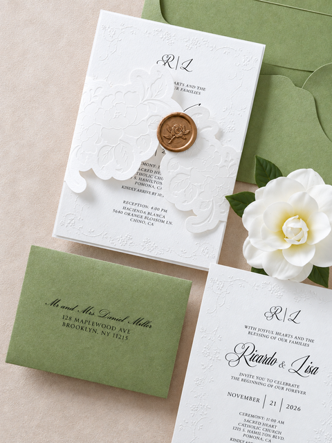 NingsPaper Sage Green Letterpress Wedding Invitation Suites