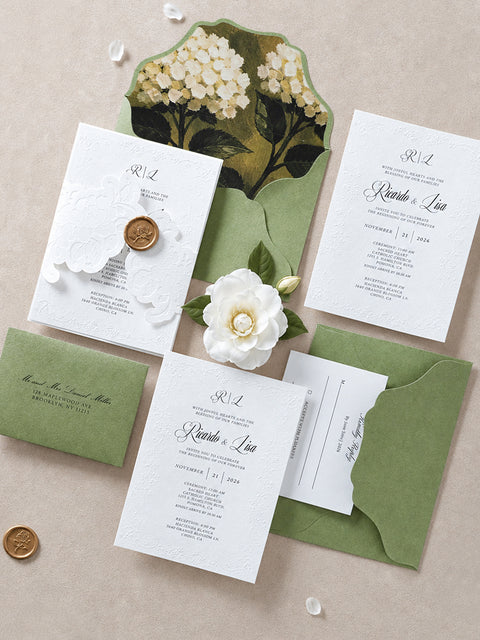 NingsPaper Sage Green Letterpress Wedding Invitation Suites