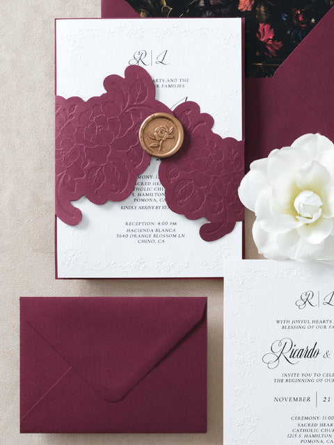 NingsPaper Burgundy Embossed Wedding Invitation Suite