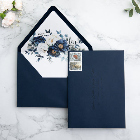 NingsPaper 50 Pieces Navy Blue Floral Liner Euro Flap Envelopes for  Wedding Invitation Card