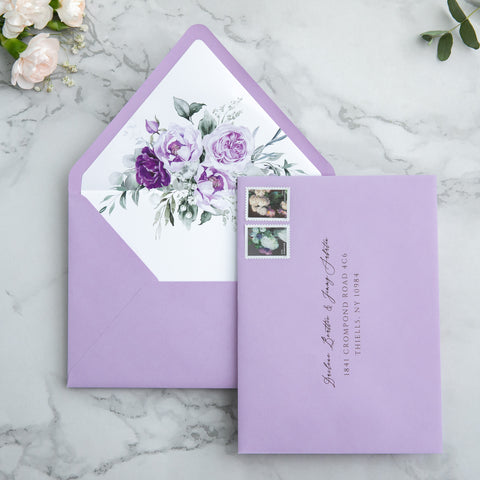 NingsPaper 50 Pieces Shiny Lilac Floral Liner Euro Flap Envelopes for  Wedding Invitation Card