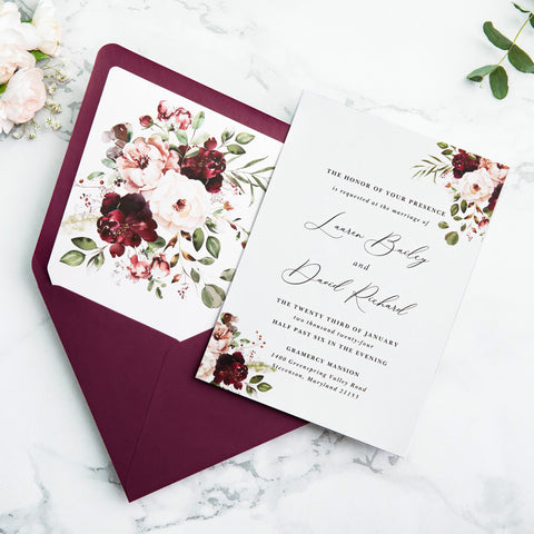 NingsPaper 50 Pieces Burgundy Floral Liner Euro Flap Envelopes for  Wedding Invitation Card