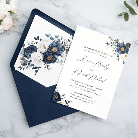 NingsPaper 50 Pieces Navy Blue Floral Liner Euro Flap Envelopes for  Wedding Invitation Card