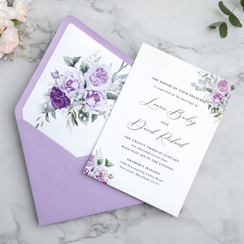 NingsPaper 50 Pieces Shiny Lilac Floral Liner Euro Flap Envelopes for  Wedding Invitation Card