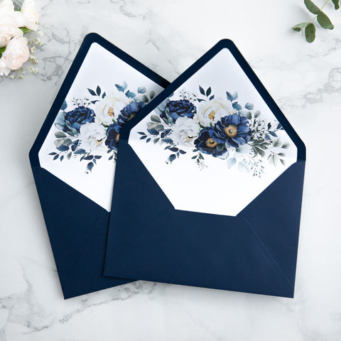 NingsPaper 50 Pieces Navy Blue Floral Liner Euro Flap Envelopes for  Wedding Invitation Card