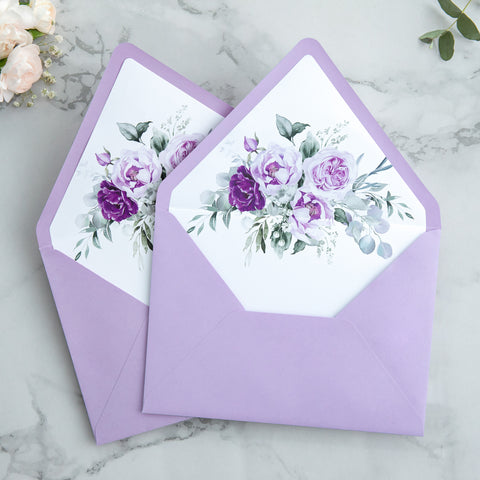 NingsPaper 50 Pieces Shiny Lilac Floral Liner Euro Flap Envelopes for  Wedding Invitation Card