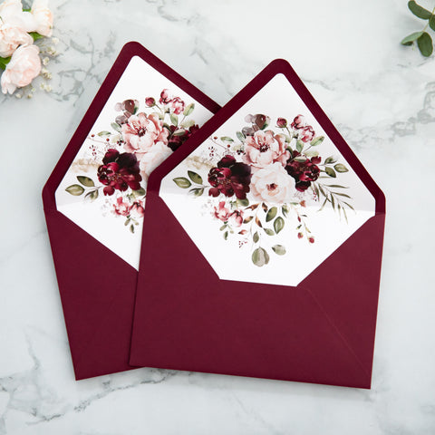 NingsPaper 50 Pieces Burgundy Floral Liner Euro Flap Envelopes for  Wedding Invitation Card