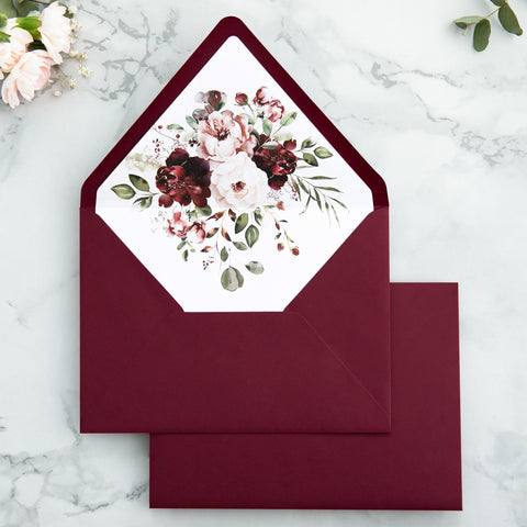 NingsPaper 50 Pieces Burgundy Floral Liner Euro Flap Envelopes for  Wedding Invitation Card