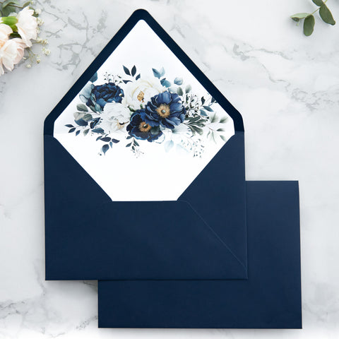 NingsPaper 50 Pieces Navy Blue Floral Liner Euro Flap Envelopes for  Wedding Invitation Card