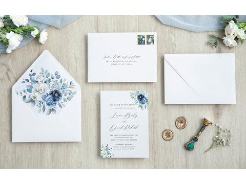 NingsPaper 50 Pieces  Dusty Blue Floral Liner Euro Flap White Envelopes for  Wedding Invitation Card