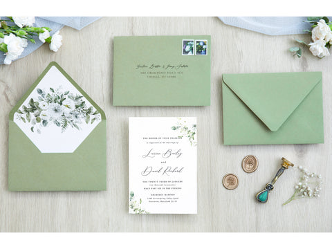NingsPaper 50 Pieces Sage Green Floral Liner Euro Flap Envelopes for  Wedding Invitation Card