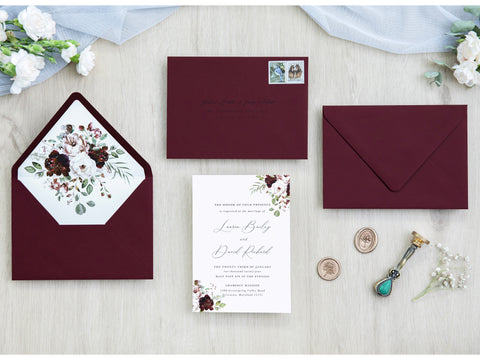 NingsPaper 50 Pieces Burgundy Floral Liner Euro Flap Envelopes for  Wedding Invitation Card