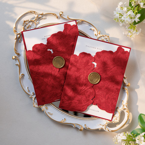 NingsPaper Red Velvet Letterpress Pocket Wedding Invitation Suite