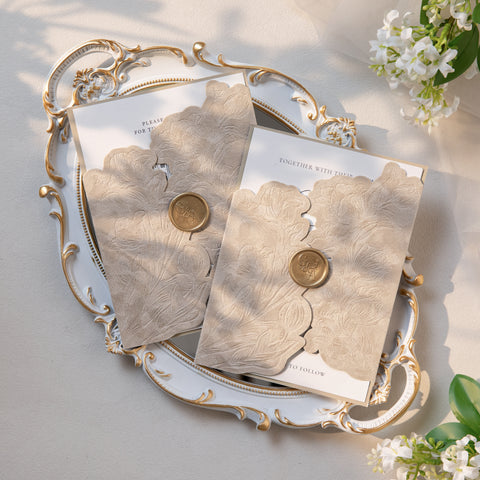 NingsPaper Champagne Velvet Letterpress Pocket Wedding Invitation Suite