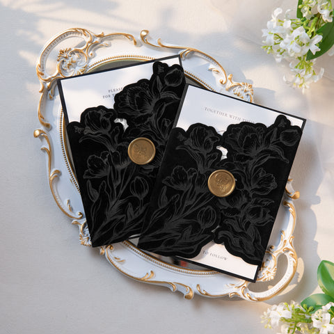 NingsPaper Black Velvet Letterpress Pocket Wedding Invitation Suite