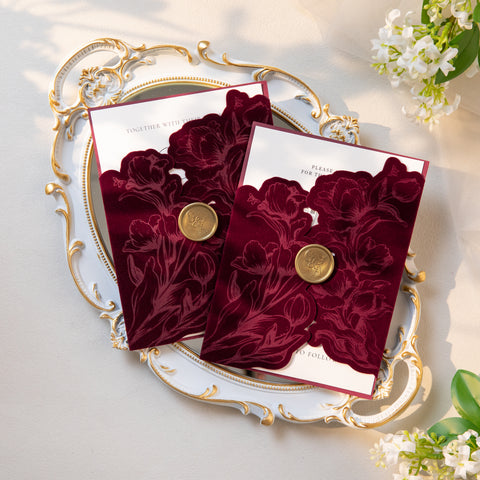 NingsPaper Burgundy Velvet Letterpress Pocket Wedding Invitation Suite