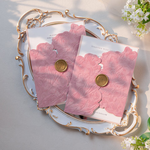 NingsPaper Dusty Rose Velvet Letterpress Pocket Wedding Invitation Suite