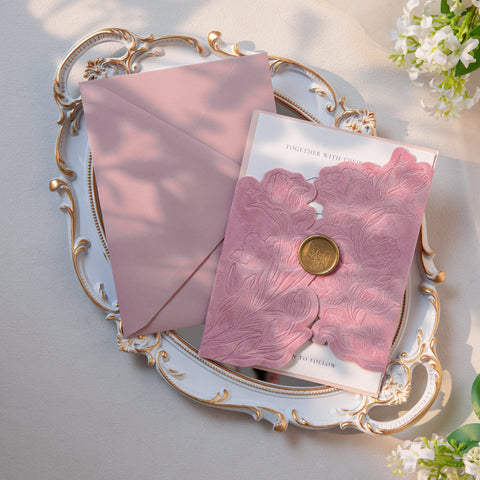 NingsPaper Dusty Rose Velvet Letterpress Pocket Wedding Invitation Suite