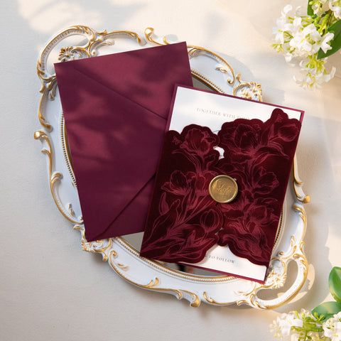 NingsPaper Burgundy Velvet Letterpress Pocket Wedding Invitation Suite