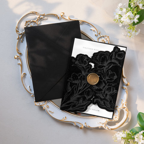 NingsPaper Black Velvet Letterpress Pocket Wedding Invitation Suite