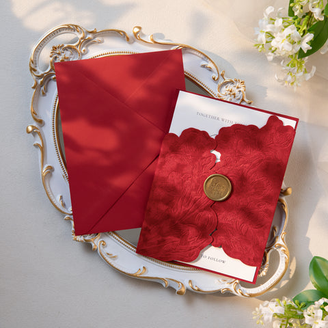 NingsPaper Red Velvet Letterpress Pocket Wedding Invitation Suite