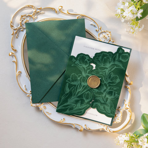 NingsPaper Emerald Green Velvet Letterpress Pocket Wedding Invitation Suite