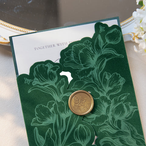 NingsPaper Emerald Green Velvet Letterpress Pocket Wedding Invitation Suite