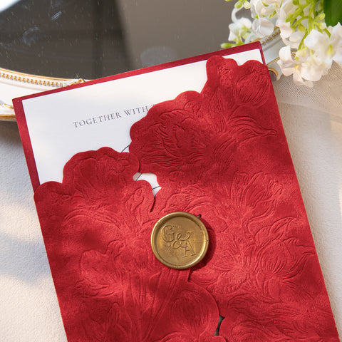 NingsPaper Red Velvet Letterpress Pocket Wedding Invitation Suite