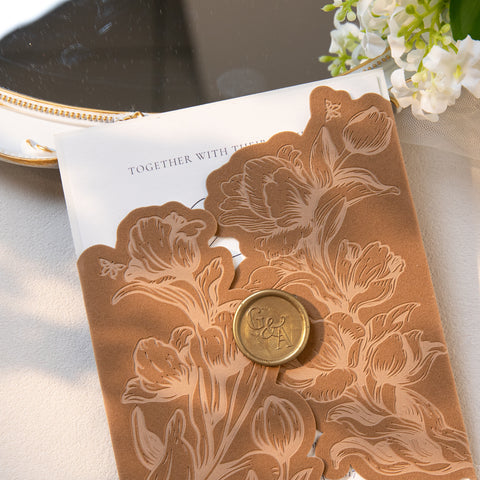 NingsPaper Brown Velvet Letterpress Pocket Wedding Invitation Suite