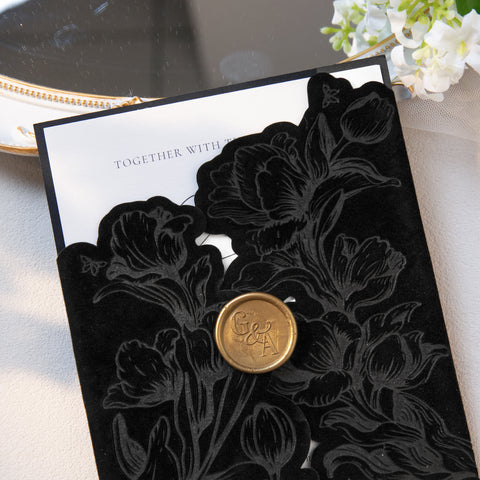 NingsPaper Black Velvet Letterpress Pocket Wedding Invitation Suite