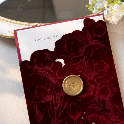 NingsPaper Burgundy Velvet Letterpress Pocket Wedding Invitation Suite