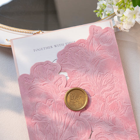 NingsPaper Dusty Rose Velvet Letterpress Pocket Wedding Invitation Suite